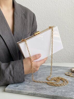 White Acrylic Box Clutch | Gold Chain Crossbody Evening Bag-Minimalist 90s Style